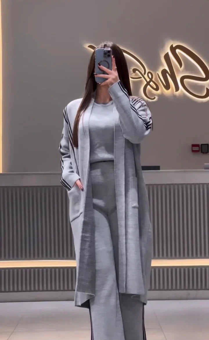3 Piece Gown Style Winter Wear Stripe Suit