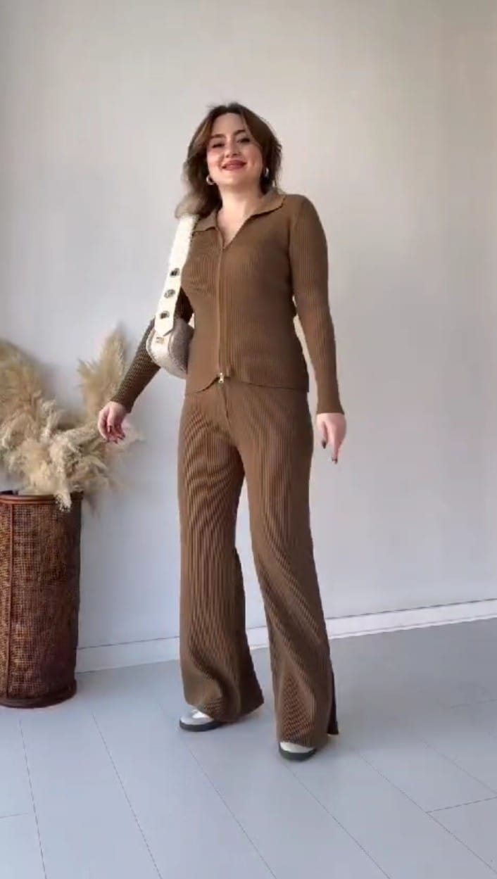 Women Winter Zipper Jacket & Bell Bottom Trouser Cord Set