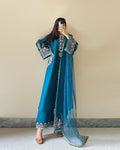 Teal Elegance Embroidered 3-Piece Suit