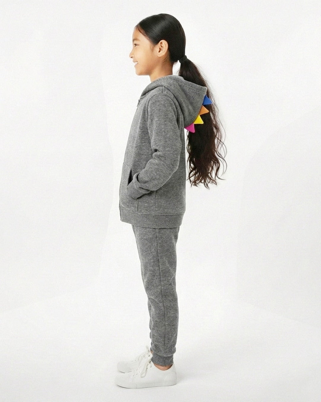 Kids Grey Fleece Hoodie & Jogger Set with Dino Spike Hood