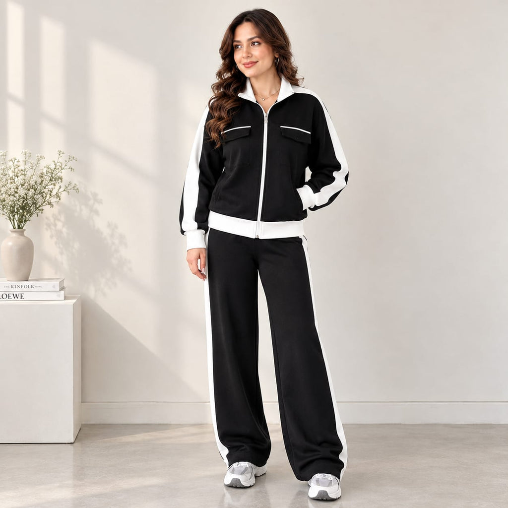 Women's Zip-Up Co-Ord Set   Contrast Stripe 2 Piece Outfit