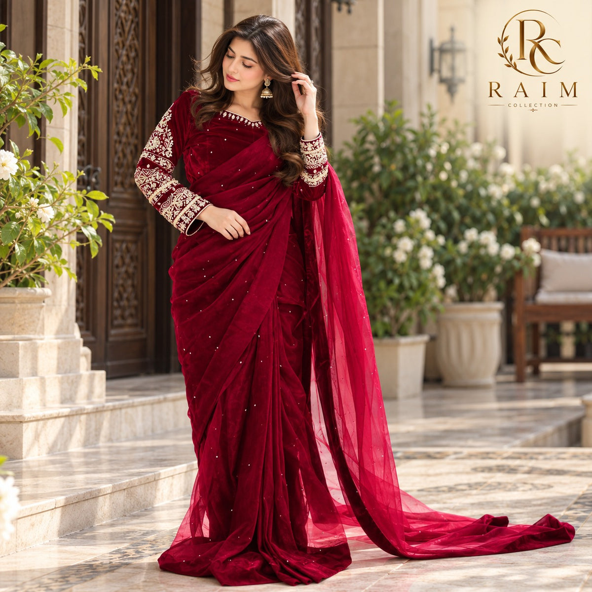 Pearl Embellished Chiffon Saree with Silk Blouse 3 Piece