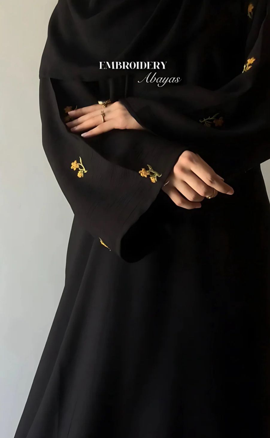 Luxury Black Abaya with Gold Floral Embroidery on Sleeves