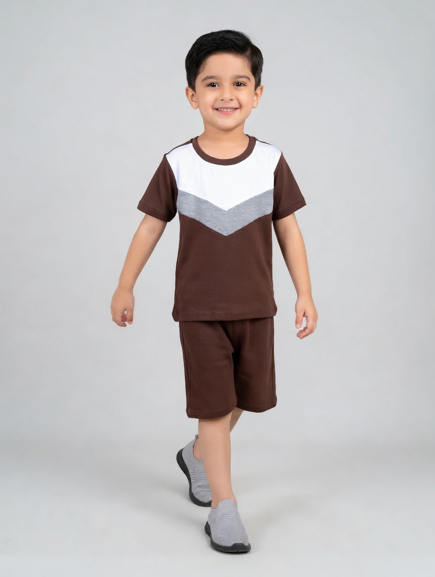Brown Grey Panel Kids Short Sleeve Kids Wear