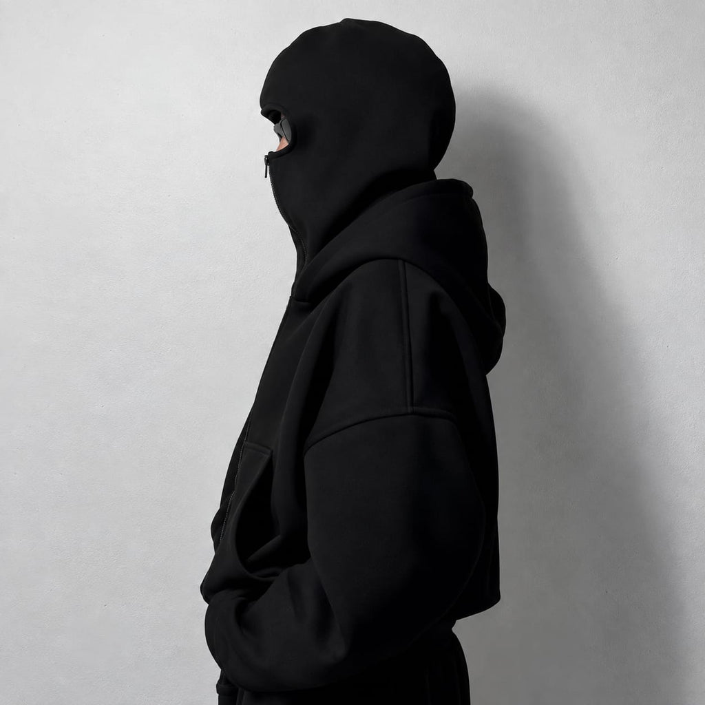 Black Oversized Full-Zip Face Cover Hoodie