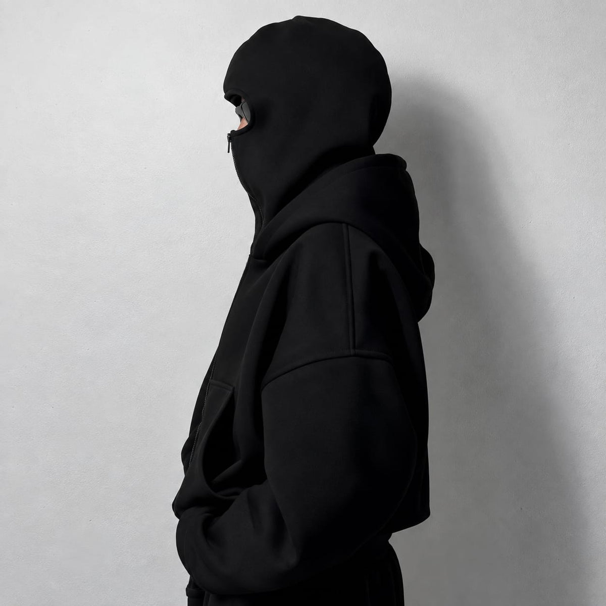 Black Oversized Full-Zip Face Cover Hoodie