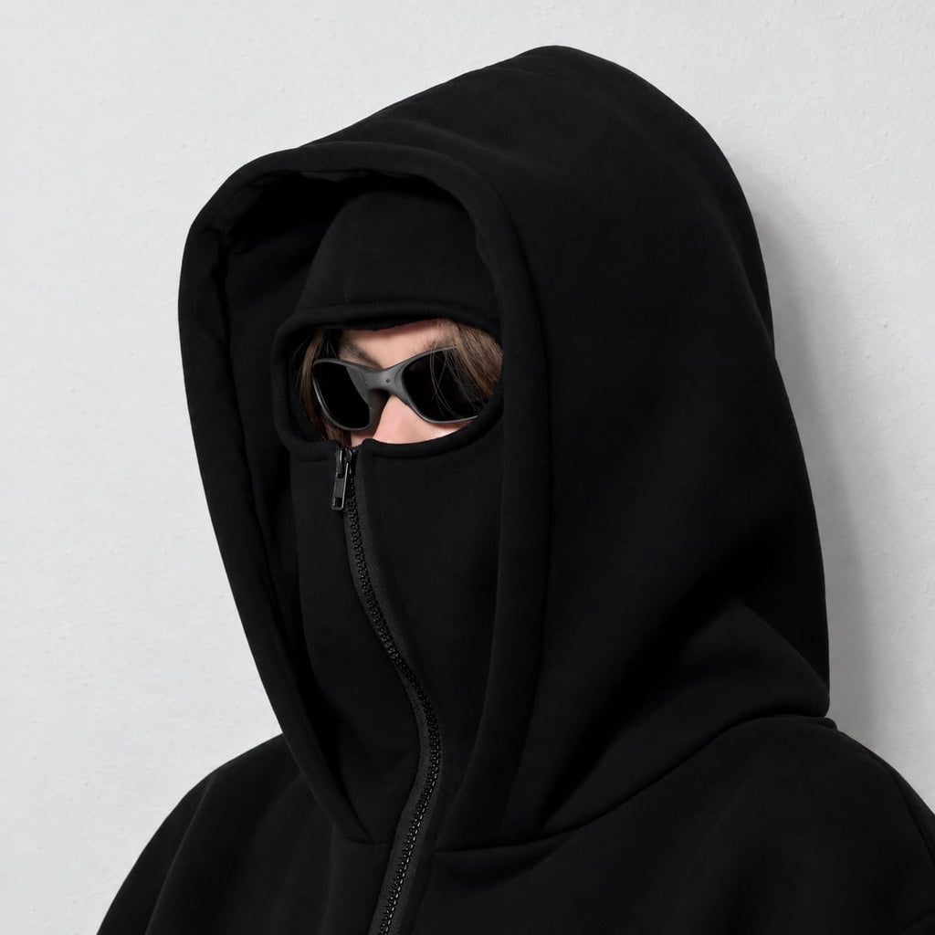 Black Oversized Full-Zip Face Cover Hoodie