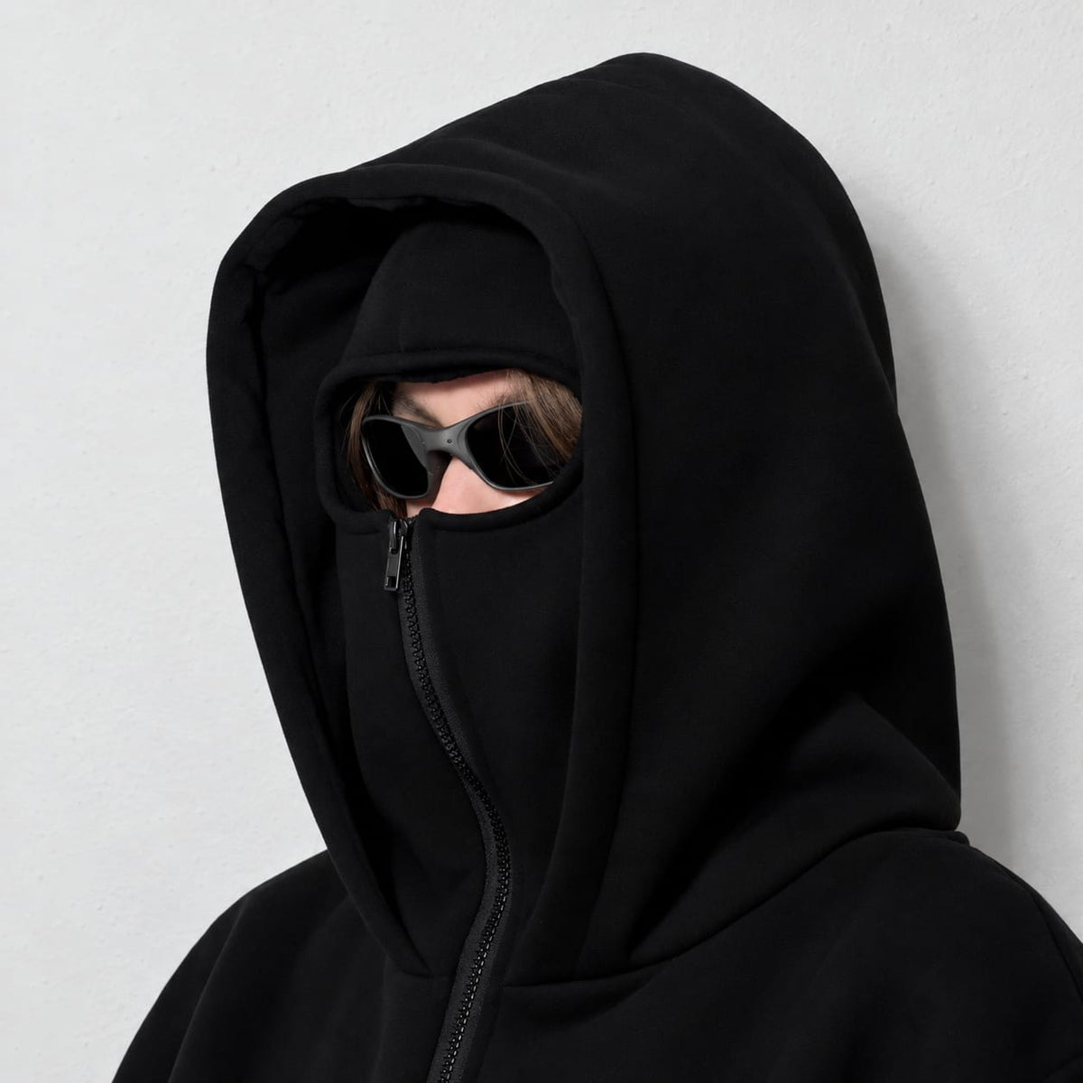 Black Oversized Full-Zip Face Cover Hoodie
