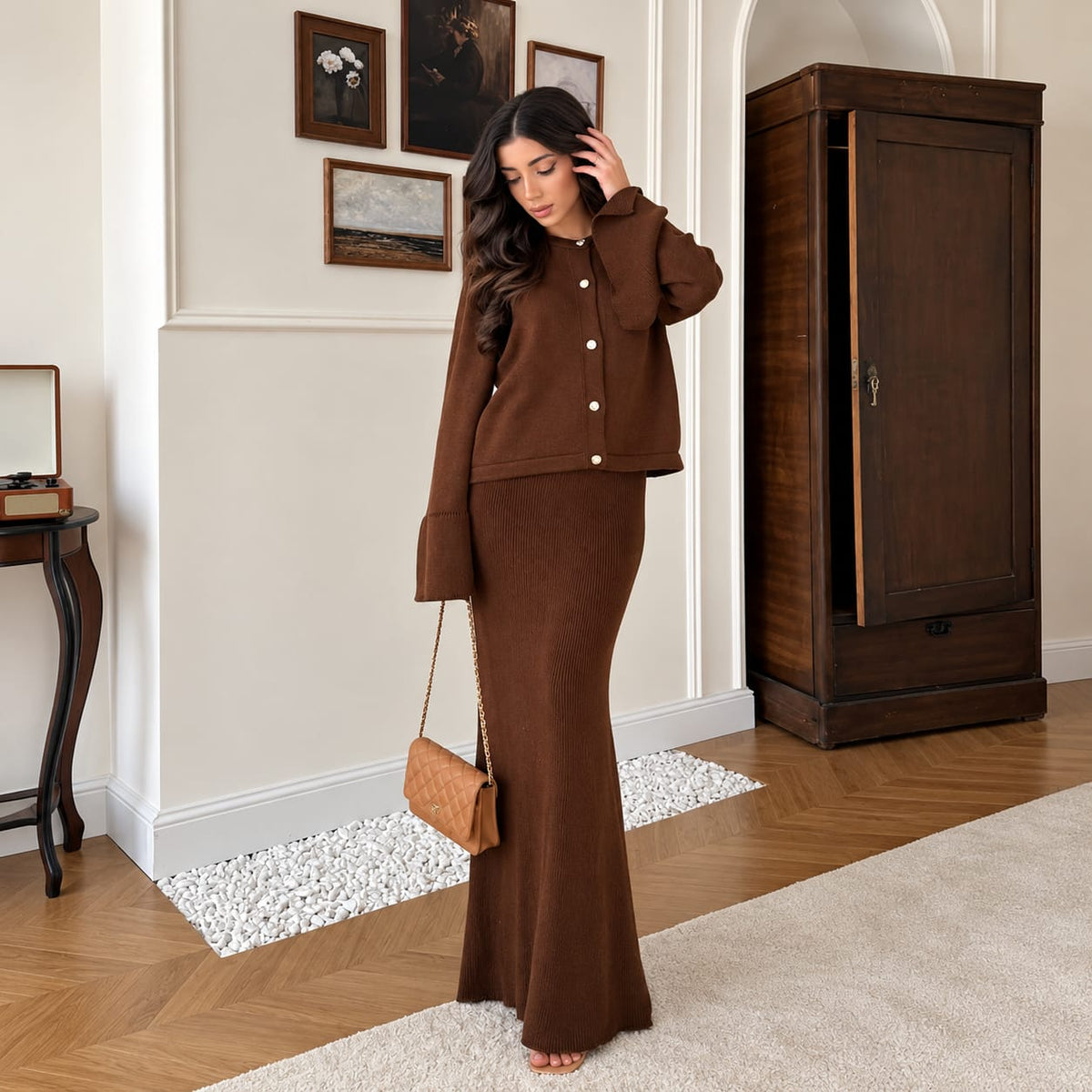 Women's Button Front Cardigan & Maxi Skirt 2 Piece Co-Ord Set