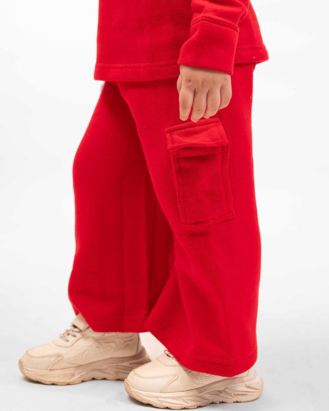 Kids Premium Red Fleece Cargo Tracksuit | Unisex