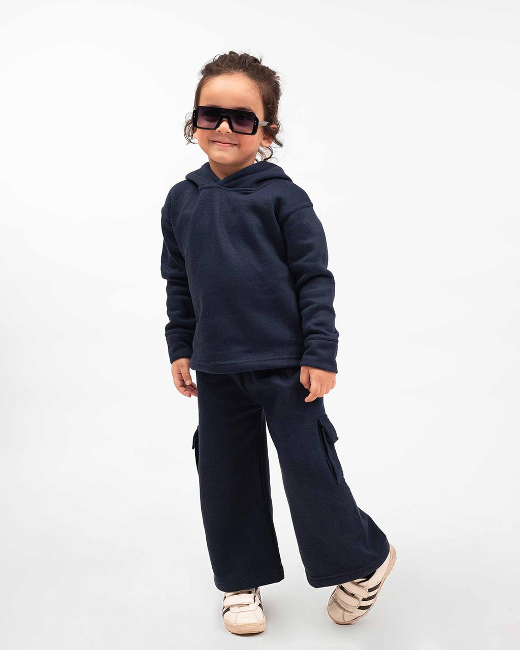Kids Premium Navy Fleece Cargo Hoodie & Wide-Leg Winter Co-Ord Set