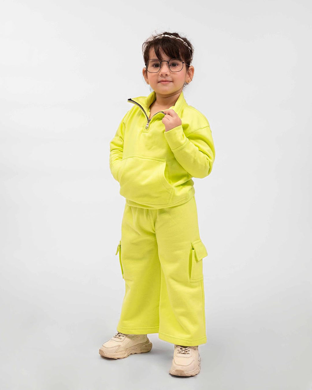 Kids Neon Yellow Fleece Cargo Tracksuit