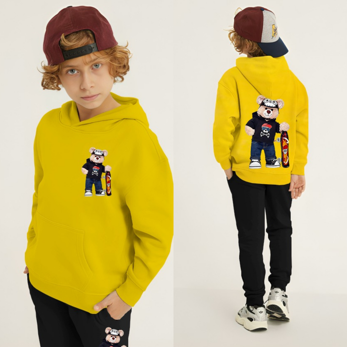 Kids Winter Hoodie Set | Bear Skateboard Printed