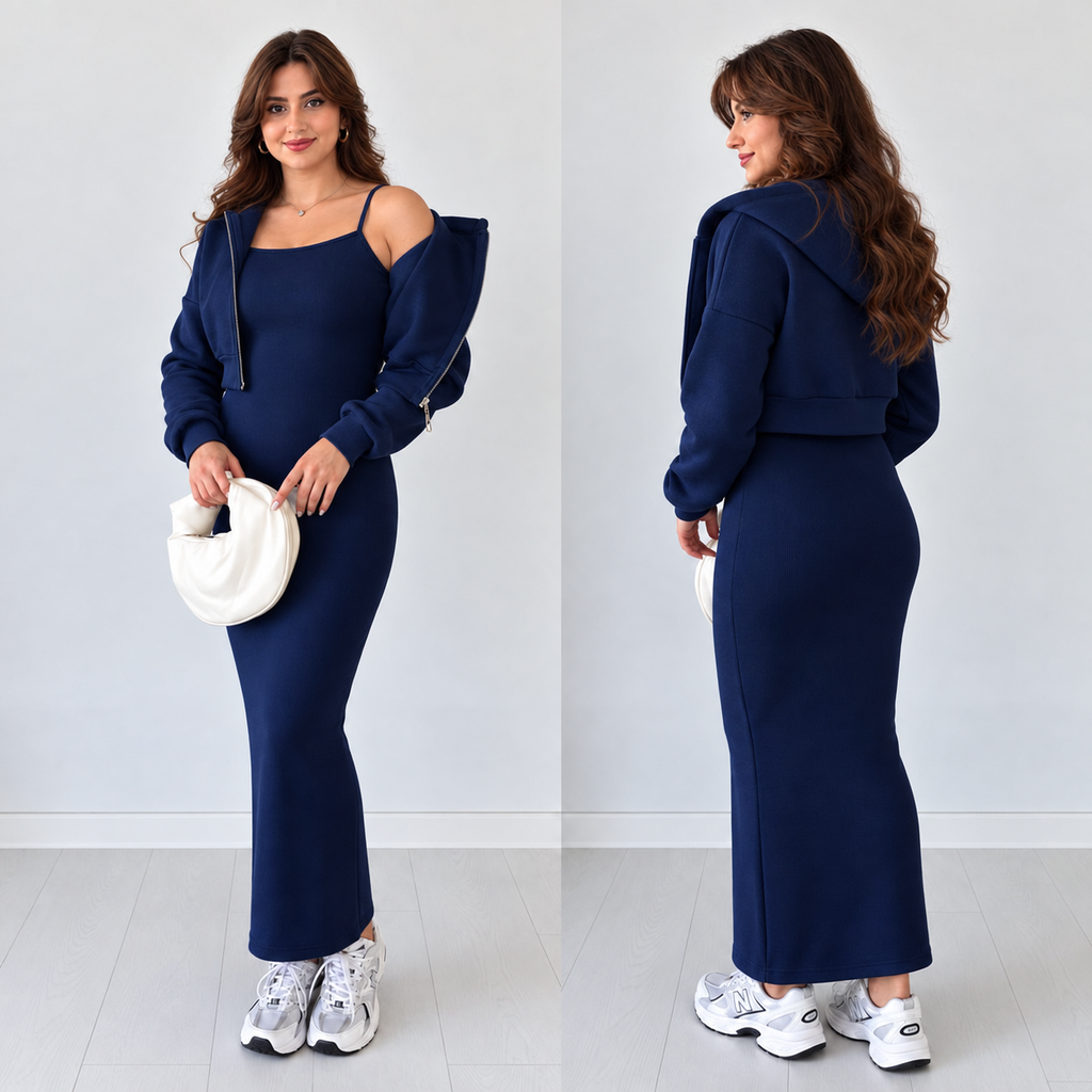 Women's Maxi Dress with Cropped Hoodie Jacket  2 Piece Set