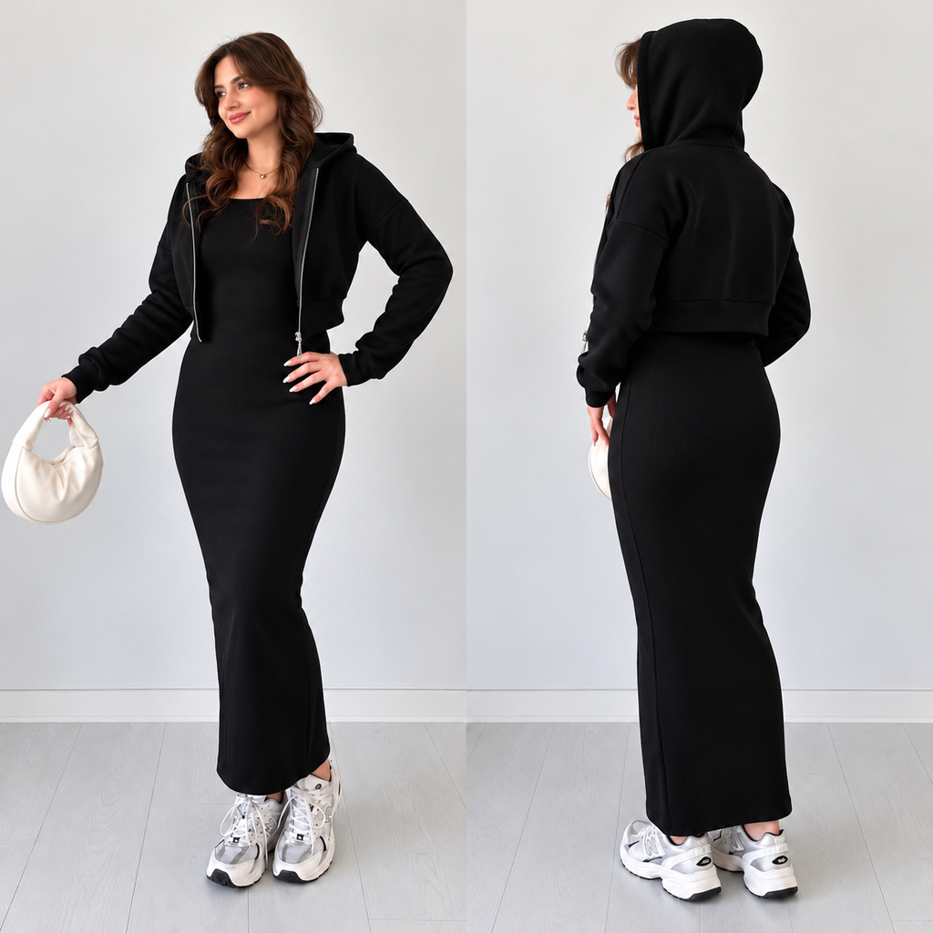 Women's Maxi Dress with Cropped Hoodie Jacket  2 Piece Set