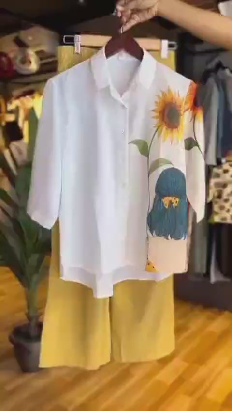 Sunflower Girl Graphic Co-ord Set – Oversized Shirt & Cargo Pants | Raim Collection