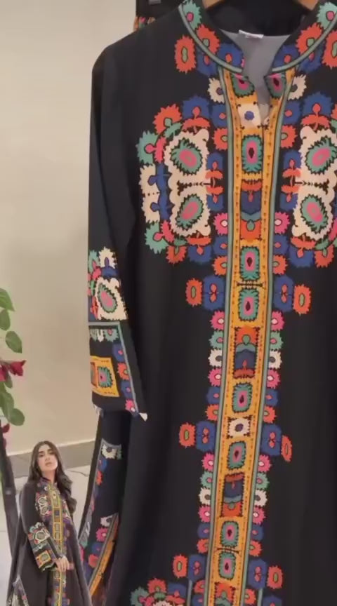 2-Piece Ethnic Printed A-Line Kaftan Suit – Premium Black