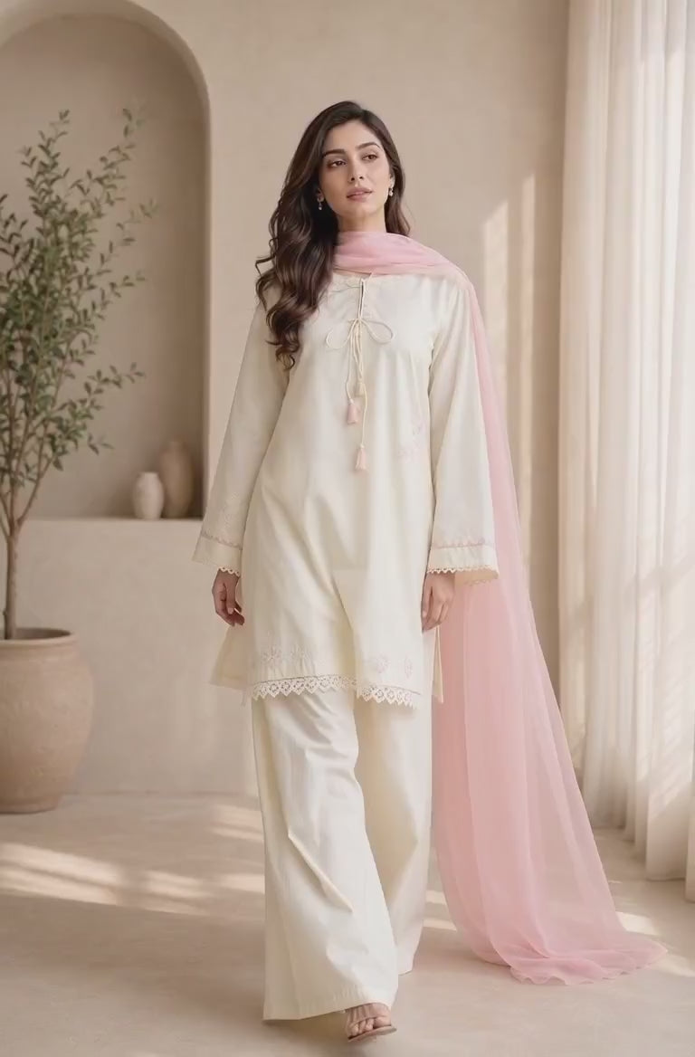 Pearl 3 Piece Embroidered Lawn Suit | Off White Suit with Chiffon Dupatta