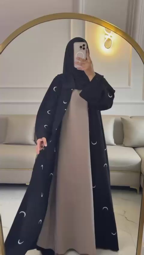 Crescent Moon Embroidered Black Abaya