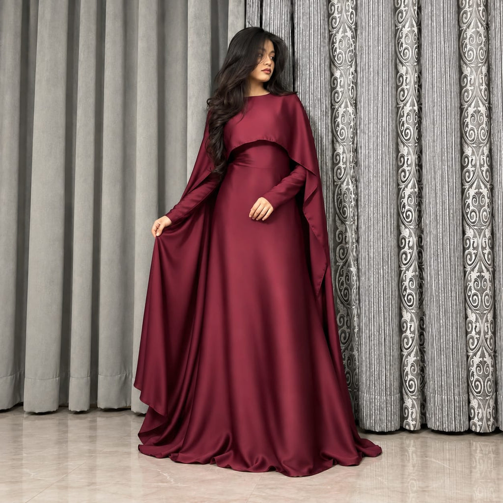 Cape Maxi With Full Sleeves Dress for Women – Elegant Long Gown