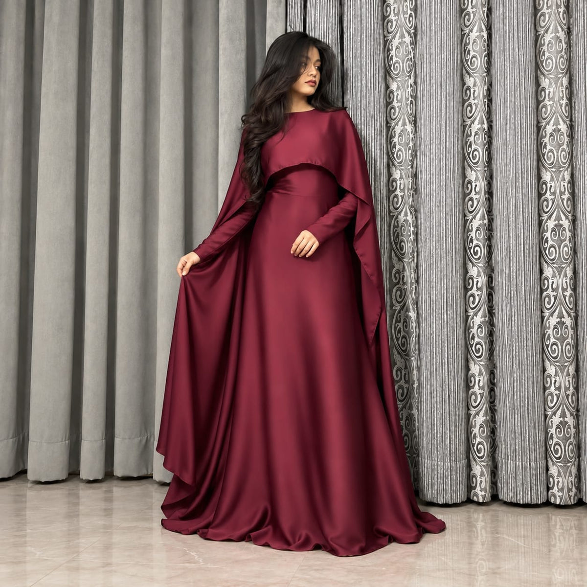 Cape Maxi With Full Sleeves Dress for Women – Elegant Long Gown