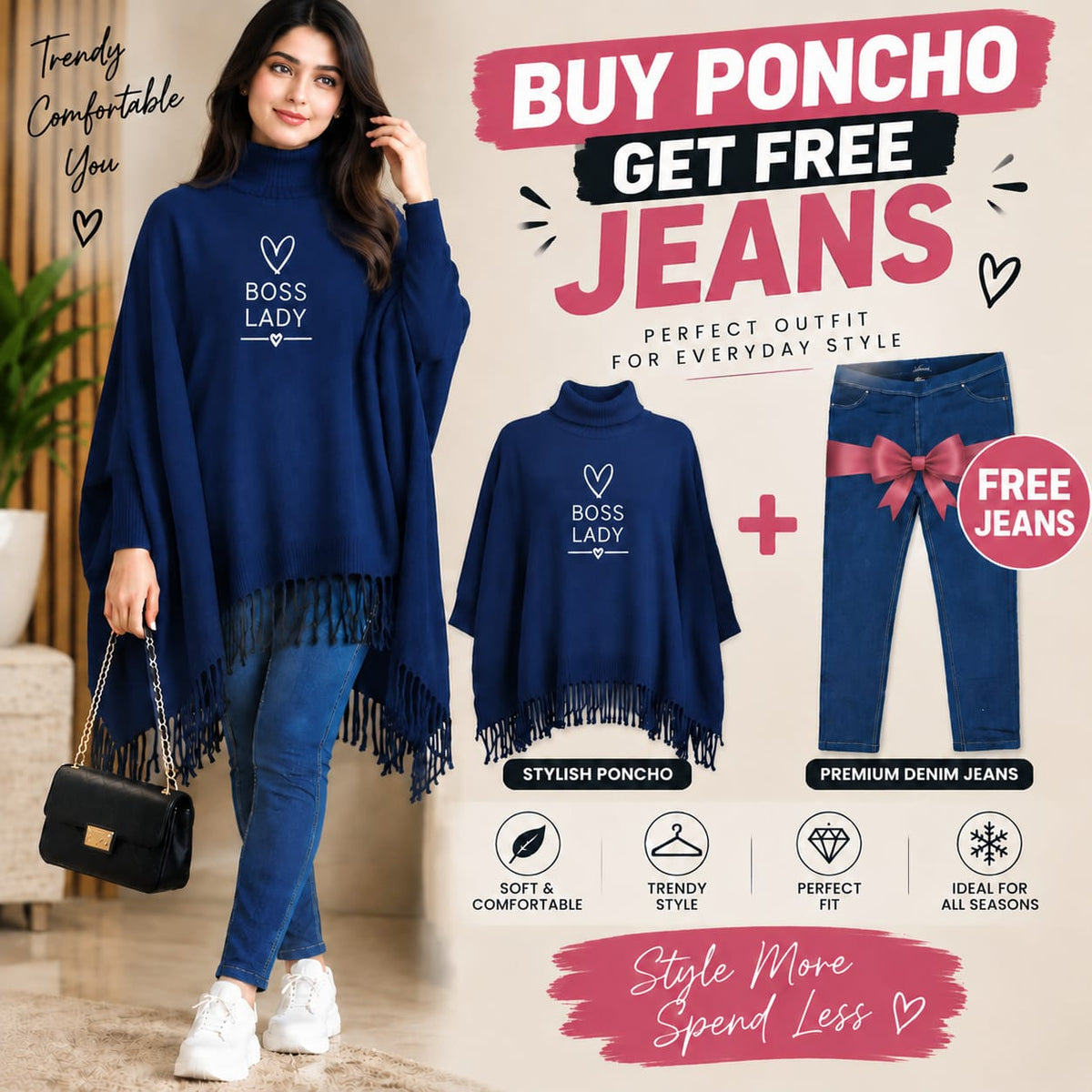 Buy Poncho Get Free Jeans Bundle | Chic Everyday Outfit 🛍️✨