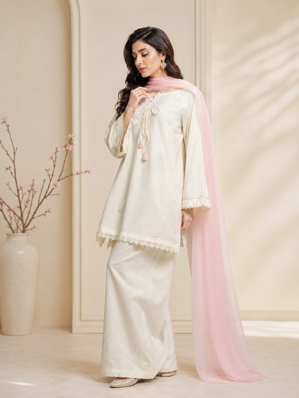 Pearl 3 Piece Embroidered Lawn Suit | Off White Suit with Chiffon Dupatta