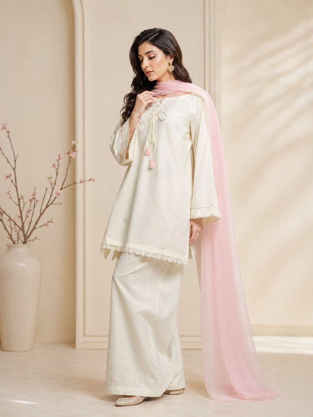 Pearl 3 Piece Embroidered Lawn Suit | Off White Suit with Chiffon Dupatta