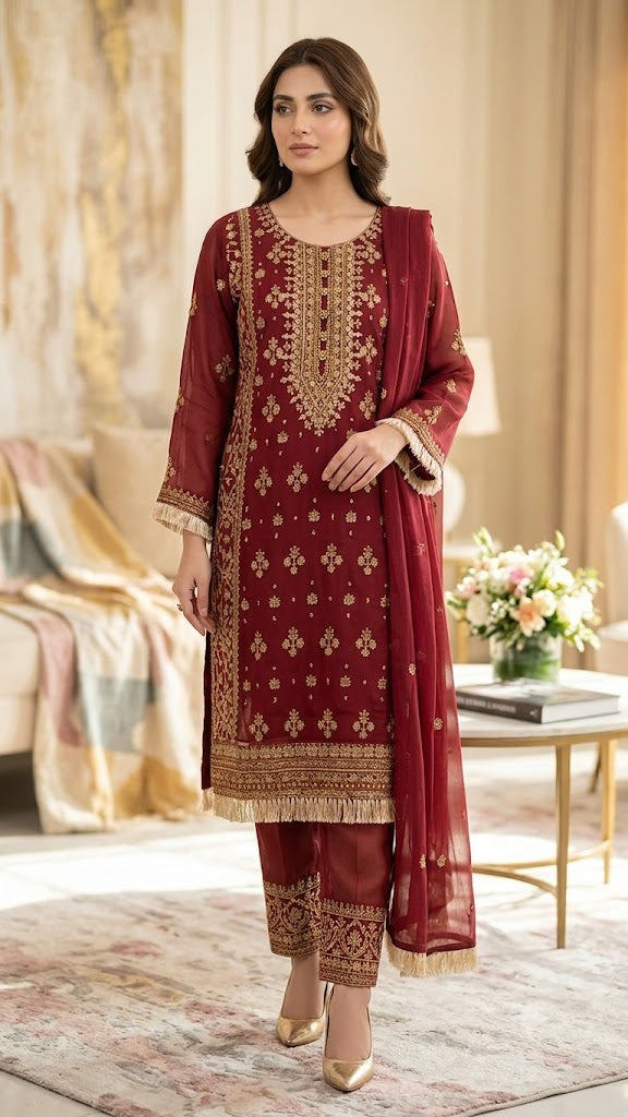 Raim Collection Maroon Embroidered 3-Piece Suit - Premium Chiffon with Zari Work