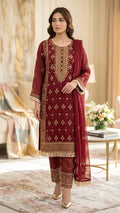 Raim Collection Maroon Embroidered 3-Piece Suit - Premium Chiffon with Zari Work
