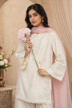 Pearl 3 Piece Embroidered Lawn Suit | Off White Suit with Chiffon Dupatta
