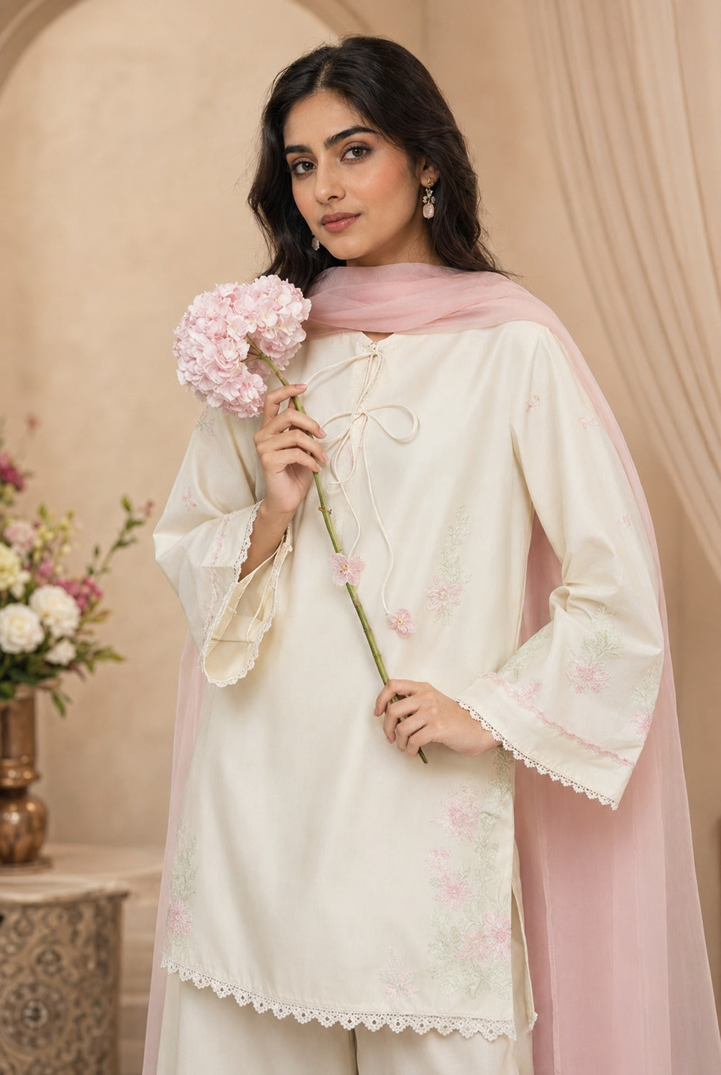 Pearl 3 Piece Embroidered Lawn Suit | Off White Suit with Chiffon Dupatta