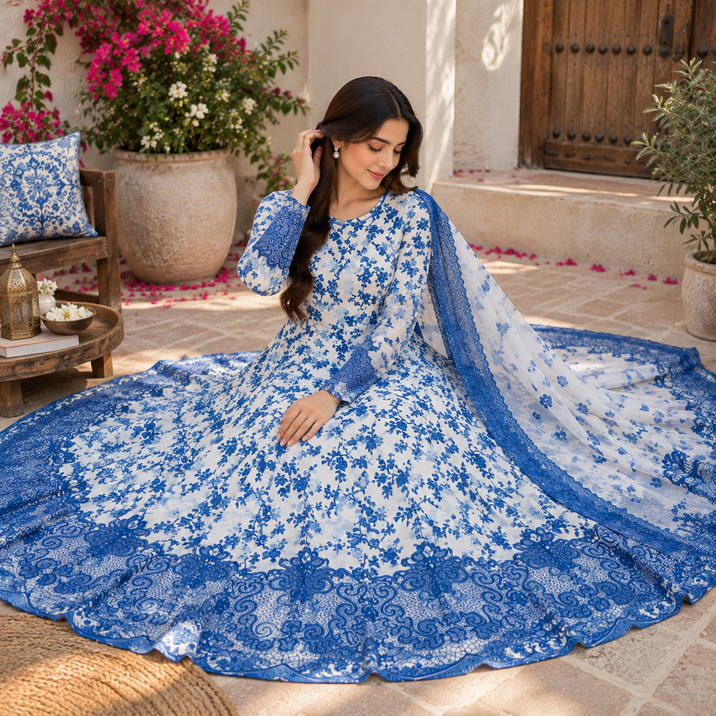 Elegant 3 piece Floral Print Long Maxi Dress With Matching Dupatta Set | Traditional Festive Outfit 🌸✨