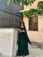 Bottle Green Solid 3 Piece Ethnic Set with Sheer Dupatta