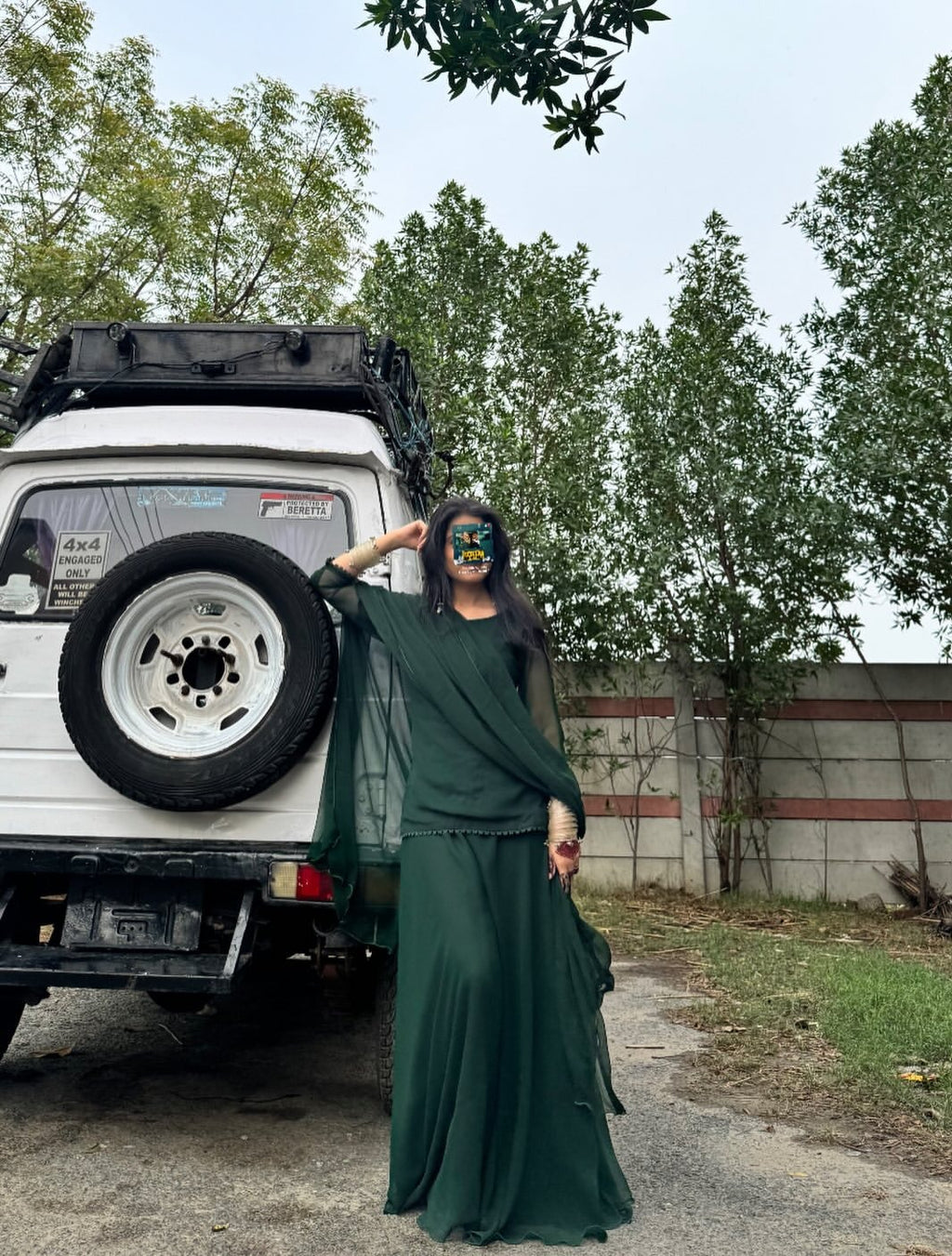 Bottle Green Solid 3 Piece Ethnic Set with Sheer Dupatta