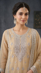 Raim Collection Beige Silver Embroidered 3-Piece Gharara Suit - Luxury Chiffon with Sequin Work