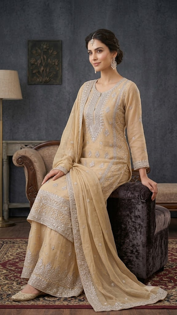 Raim Collection Beige Silver Embroidered 3-Piece Gharara Suit - Luxury Chiffon with Sequin Work