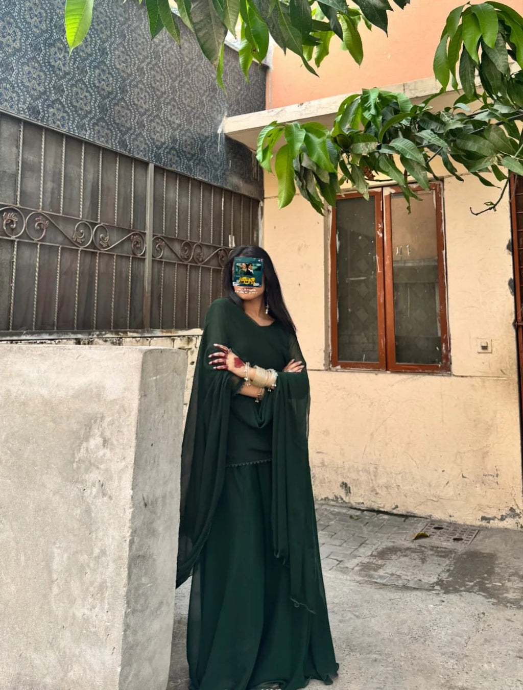 Bottle Green Solid 3 Piece Ethnic Set with Sheer Dupatta
