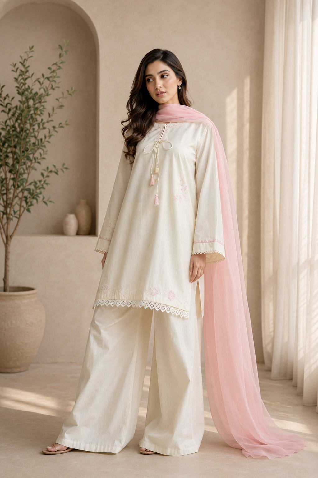 Pearl 3 Piece Embroidered Lawn Suit | Off White Suit with Chiffon Dupatta