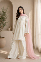 Pearl 3 Piece Embroidered Lawn Suit | Off White Suit with Chiffon Dupatta