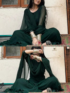 Bottle Green Solid 3 Piece Ethnic Set with Sheer Dupatta