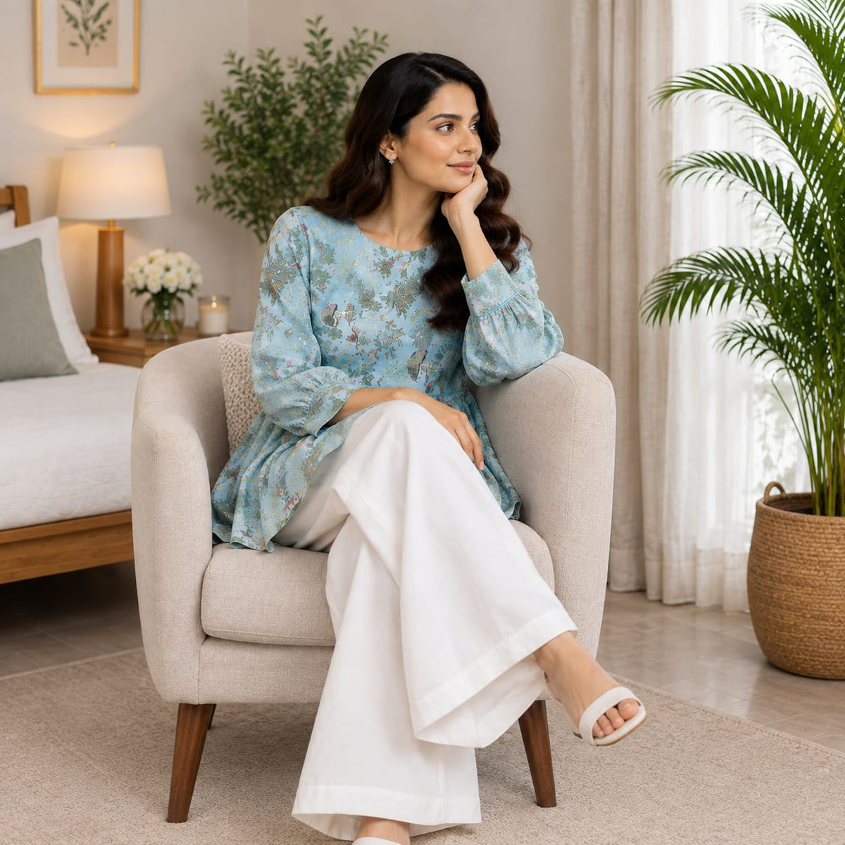 Peplum Top With White Wide-Leg Trousers Set | Elegant Casual & Everyday Co-ord Outfit 👗✨