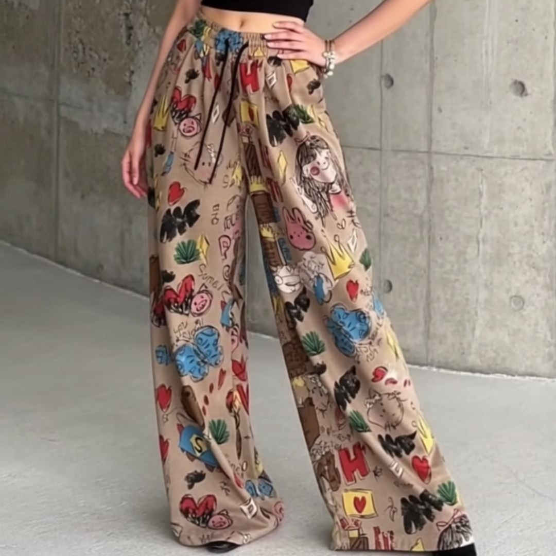 Women's Cartoon Print Wide Leg Pants | Y2K Baggy High Waist Trousers for Girls
