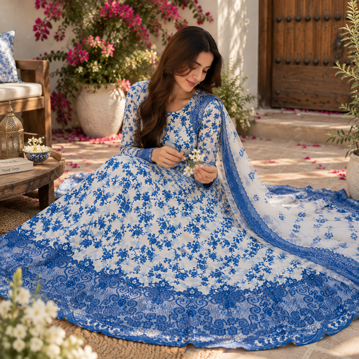 Elegant 3 piece Floral Print Long Maxi Dress With Matching Dupatta Set | Traditional Festive Outfit 🌸✨