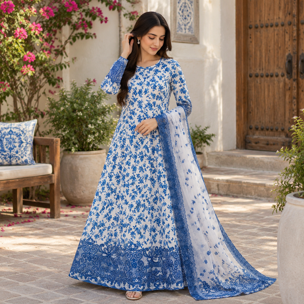 Elegant 3 piece Floral Print Long Maxi Dress With Matching Dupatta Set | Traditional Festive Outfit 🌸✨