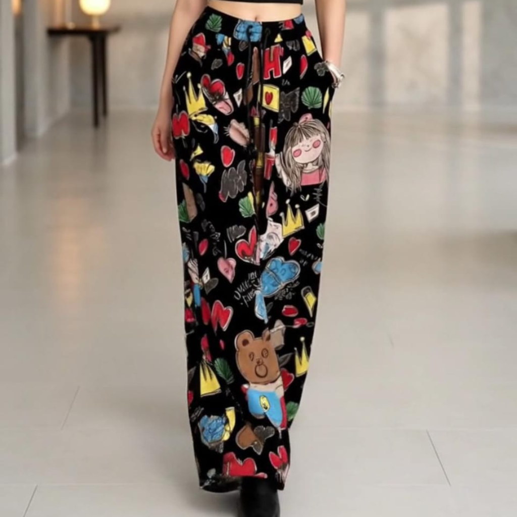 Women's Cartoon Print Wide Leg Pants | Y2K Baggy High Waist Trousers for Girls