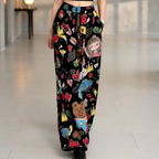 Women's Cartoon Print Wide Leg Pants | Y2K Baggy High Waist Trousers for Girls