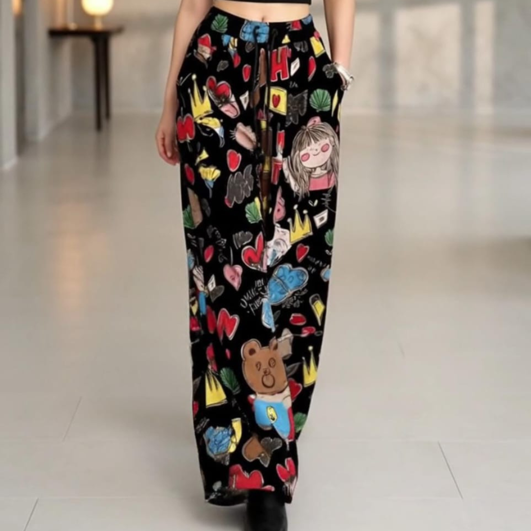 Women's Cartoon Print Wide Leg Pants | Y2K Baggy High Waist Trousers for Girls