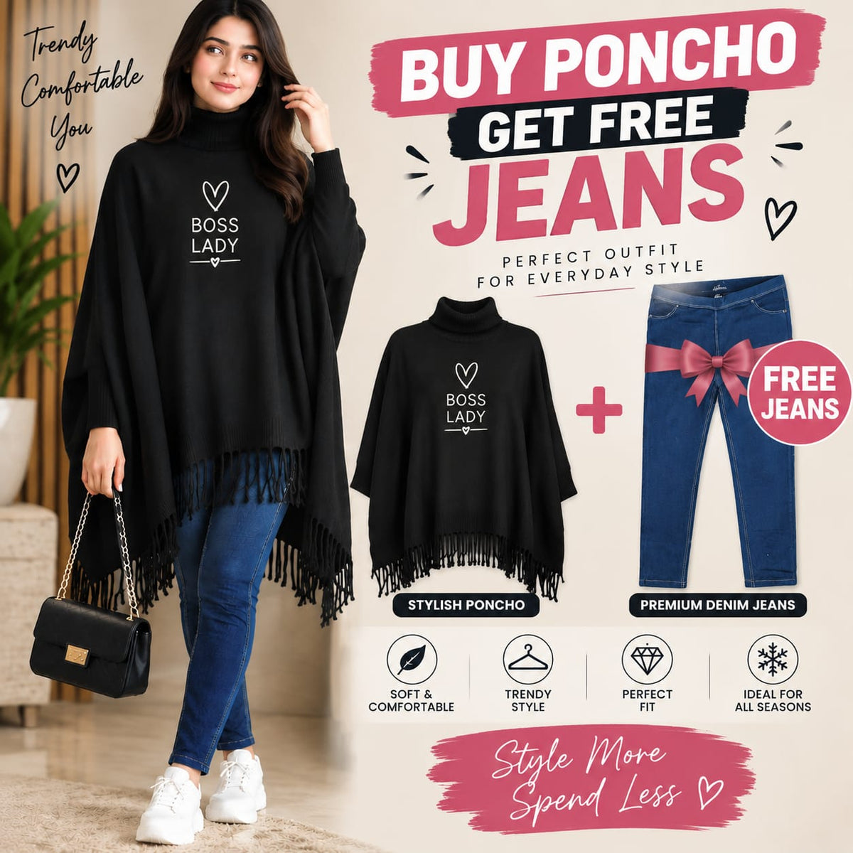 Buy Poncho Get Free Jeans Bundle | Chic Everyday Outfit 🛍️✨