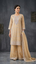 Raim Collection Beige Silver Embroidered 3-Piece Gharara Suit - Luxury Chiffon with Sequin Work